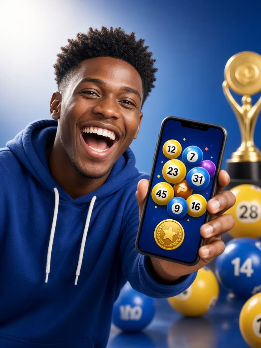 Young Nigerian adult celebrating while holding a phone with lottery number balls and prize elements